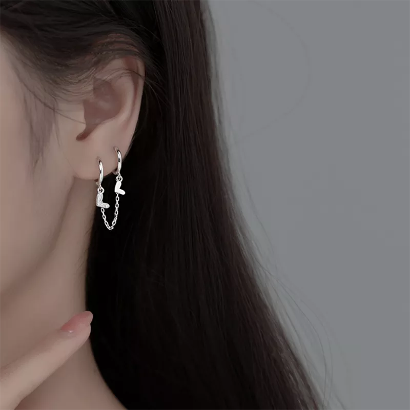 ANYCO Fashion Earrings Silver 925 Sterling Unique Love Heart Chain Charm for Women Bohemian Fine Party Ear Buckle Jewelry