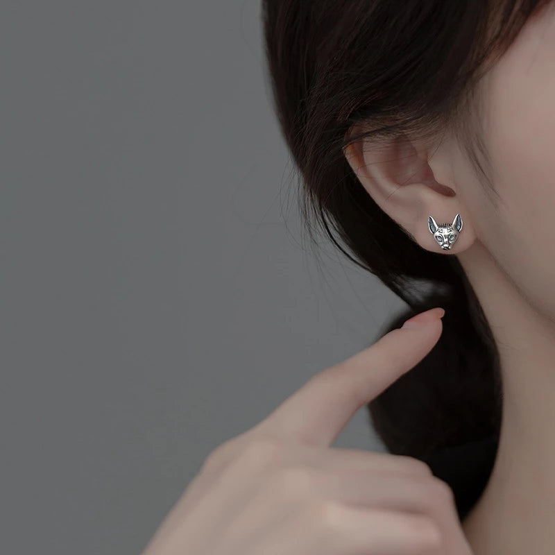 ANYCO 925 Silver Cat Head Stud Earrings – Vintage Punk Gothic Style