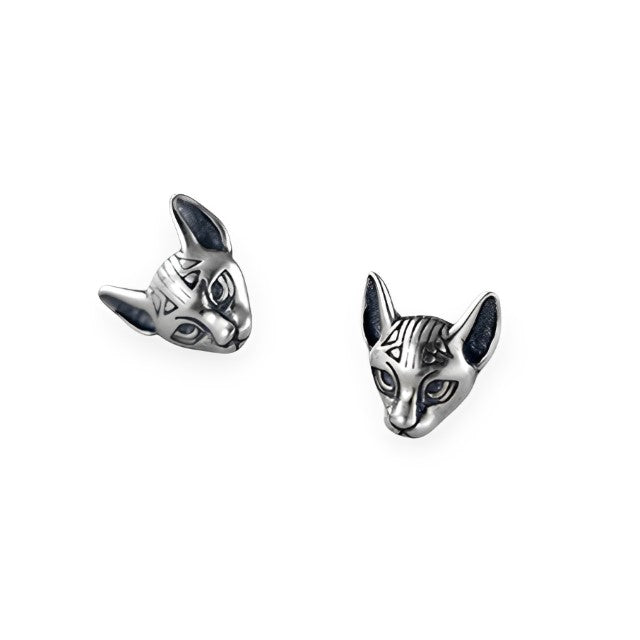 ANYCO 925 Silver Cat Head Stud Earrings – Vintage Punk Gothic Style