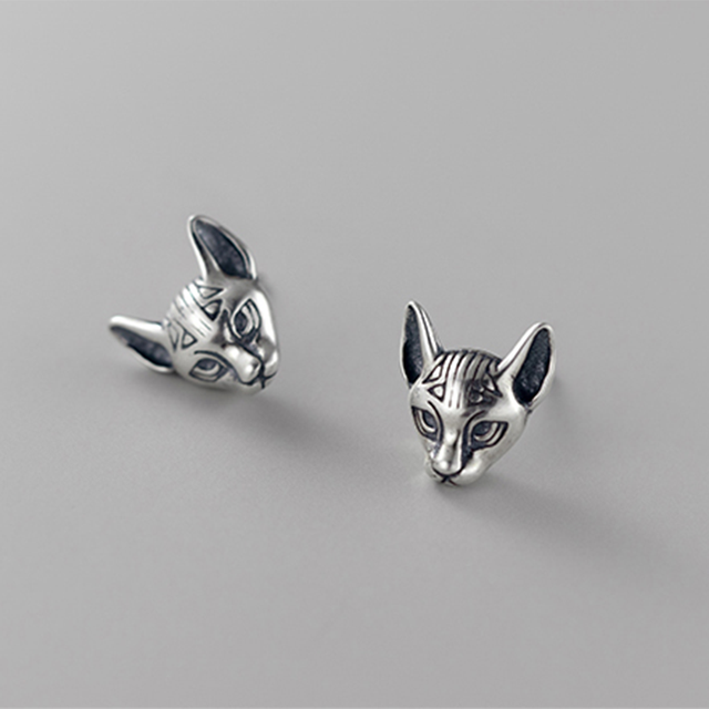 ANYCO 925 Silver Cat Head Stud Earrings – Vintage Punk Gothic Style