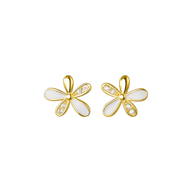 ANYCO Fashion Earrings Gold  925 Sterling Silver Romantic White Enamel Cute Gold Flower Stud for Women Jewelry Gift