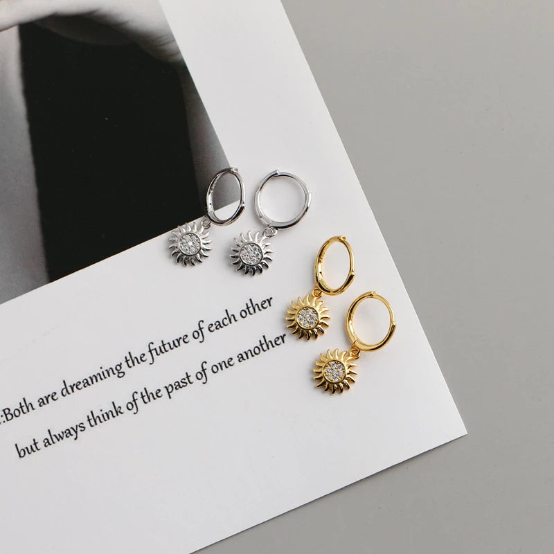 ANYCO Earrings Sterling Silver Rock Punk Round Zircon Sunflower Stud For Women Girl Teen Fashion Stylish Accessories Jewelry Gifts
