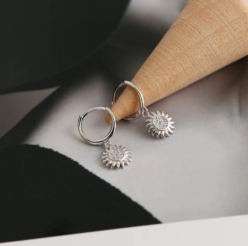 ANYCO Earrings Sterling Silver Rock Punk Round Zircon Sunflower Stud For Women Girl Teen Fashion Stylish Accessories Jewelry Gifts