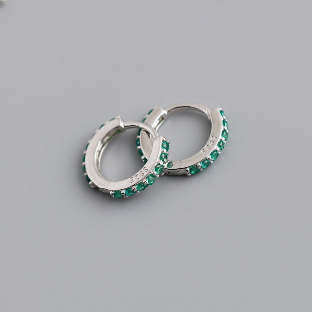 ANYCO Earrings Sterling Silver Green Punk Pave CZ Simple Round 8.8MM Ear Buckle For Women Girl Teen Chic Fashion Stylish Accessories Jewelry Gifts