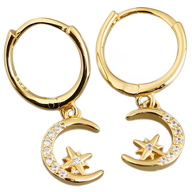 ANYCO Earrings Gold Plated Creative Pave Zircon Star Moon Pendant Ear For Women Girl Teen Chic Fashion Stylish Accessories Jewelry Gifts