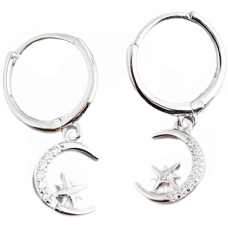 ANYCO Earrings Sterling Silver Creative Pave Zircon Star Moon Pendant Ear For Women Girl Teen Chic Fashion Stylish Accessories Jewelry Gifts