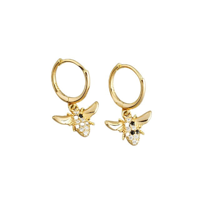 ANYCO Earrings Gold Plated Punk Black Zircon 3D Bee Pendant Ear Buckle For Women Girl Teen Chic Fashion Stylish Accessories Jewelry Gifts