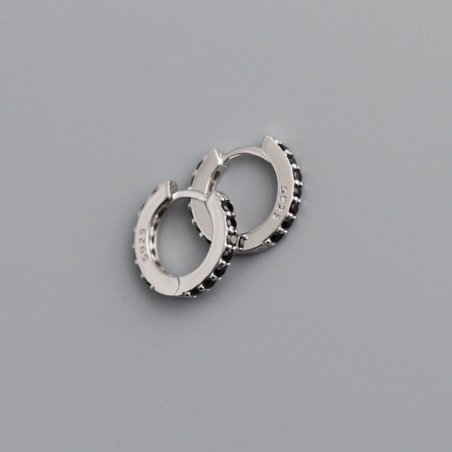 ANYCO Earrings Sterling Silver Black Punk Pave CZ Simple Round 8.8MM Ear Buckle For Women Girl Teen Chic Fashion Stylish Accessories Jewelry Gifts