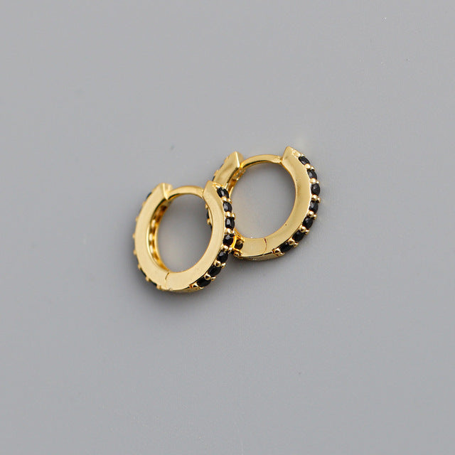 ANYCO Earrings Gold Plated Black Punk Pave CZ Simple Round 8.8MM Ear Buckle For Women Girl Teen Chic Fashion Stylish Accessories Jewelry Gifts