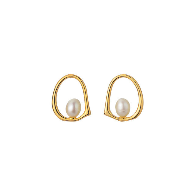 ANYCO 925 Silver Baroque Pearl Stud Earrings – Gold Hollow Design for Women