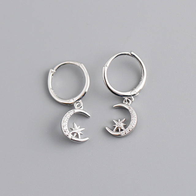 ANYCO Earrings Sterling Silver Creative Pave Zircon Star Moon Pendant Ear For Women Girl Teen Chic Fashion Stylish Accessories Jewelry Gifts