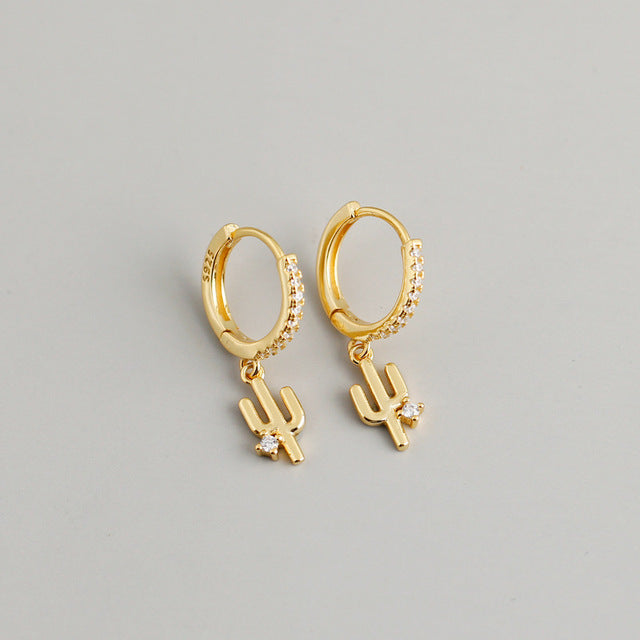 ANYCO Earrings Gold Plated Luxury Pave Round Cactus Hanging Stud For Women Girl Teen Elegant Fashion Stylish Accessories Jewelry Gifts