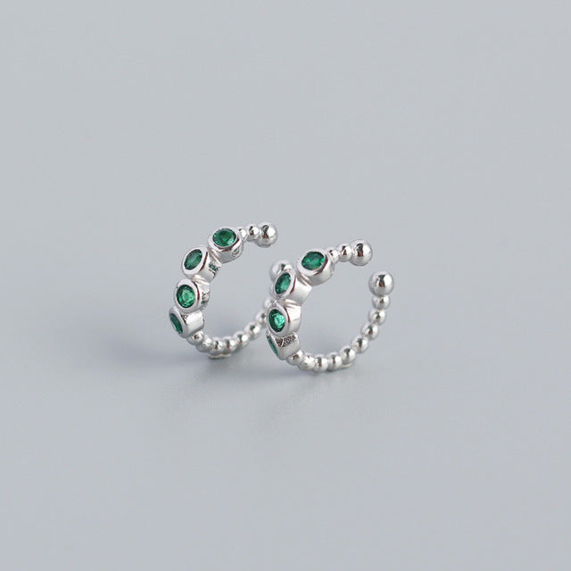 ANYCO Earrings Sterling Silver Unique Non Pierced Micro Pave Green Zircon Small For Women Girl Fashion Stylish Rock Punk Accessories Jewelry Gifts