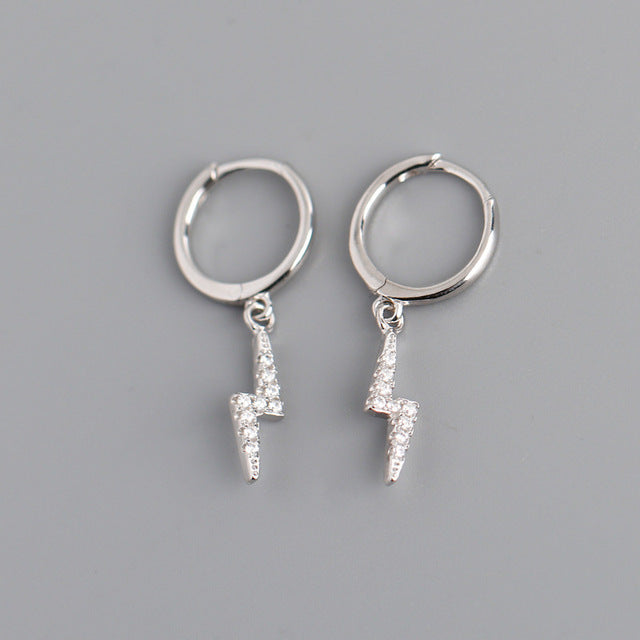 ANYCO Earrings Buckle Punk Lightning Piercing White Zircon Charms Goth Hoop For Women Party Jewelry Silver