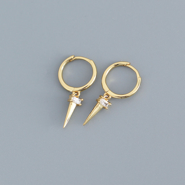 ANYCO Earrings Gold Plated Pave Square White Zircon Long Spike Rivet Hanging Stud For Women Girl Teen Fashion Stylish Accessories Jewelry Gifts