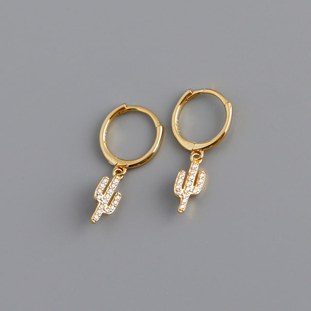 ANYCO Earrings Gold Plated Pave Zircon Cactus Ear Buckle For Women Girl Teen Chic Perfect Fashion Stylish Rock Accessories Jewelry Gifts
