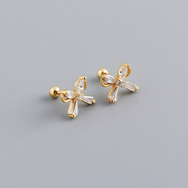 ANYCO Earrings Gold Plated European Romantic Bow Zirconia Spiral Bead Stud For Women Teen Fashion Stylish Accessories Jewelry Gifts