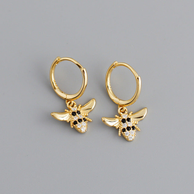 ANYCO Earrings Gold Plated Punk Black Zircon 3D Bee Pendant Ear Buckle For Women Girl Teen Chic Fashion Stylish Accessories Jewelry Gifts