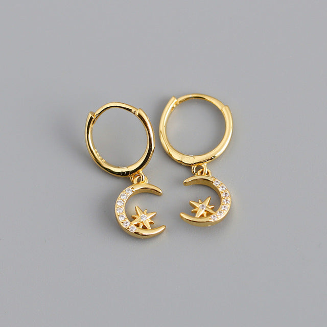 ANYCO Earrings Gold Plated Creative Pave Zircon Star Moon Pendant Ear For Women Girl Teen Chic Fashion Stylish Accessories Jewelry Gifts