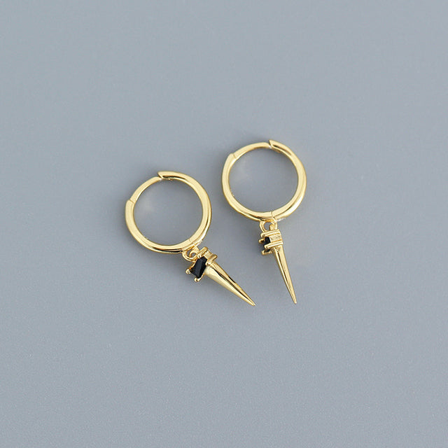 ANYCO Earrings Gold Plated Pave Square Black Zircon Long Spike Rivet Hanging Stud For Women Girl Teen Fashion Stylish Accessories Jewelry Gifts