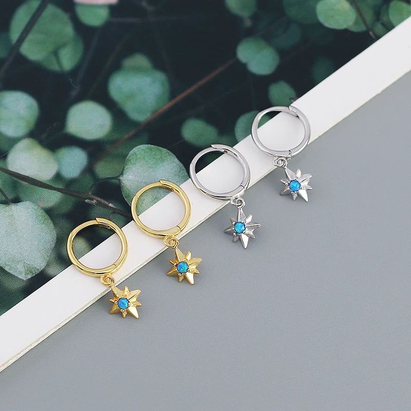 ANYCO Earrings Sterling Silver Charms Blue Opal Radiance Star Boho Drop For Women Girl Teen Chic Fashion Stylish Accessories Jewelry Gifts