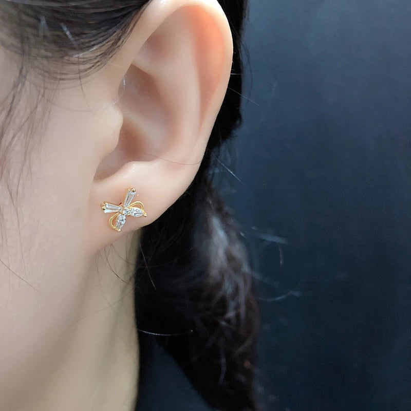 ANYCO Earrings Sterling Silver European Romantic Bow Zirconia Spiral Bead Stud For Women Teen Fashion Stylish Accessories Jewelry Gifts