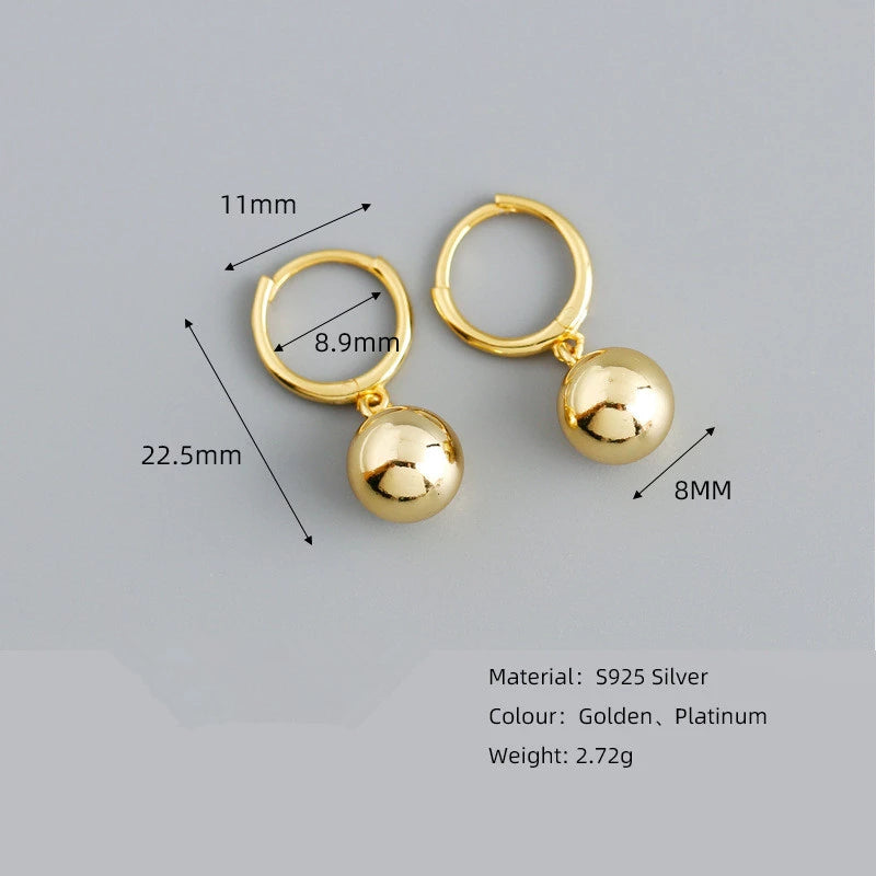 ANYCO Earrings Sterling Silver Minimalist 8mm Round Bead Pendant Stud For Women Girl Teen Chic Fashion Stylish Accessories Jewelry Gifts