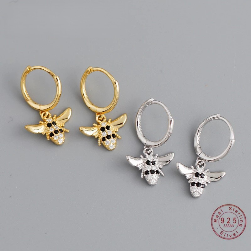 ANYCO Earrings Gold Plated Punk Black Zircon 3D Bee Pendant Ear Buckle For Women Girl Teen Chic Fashion Stylish Accessories Jewelry Gifts