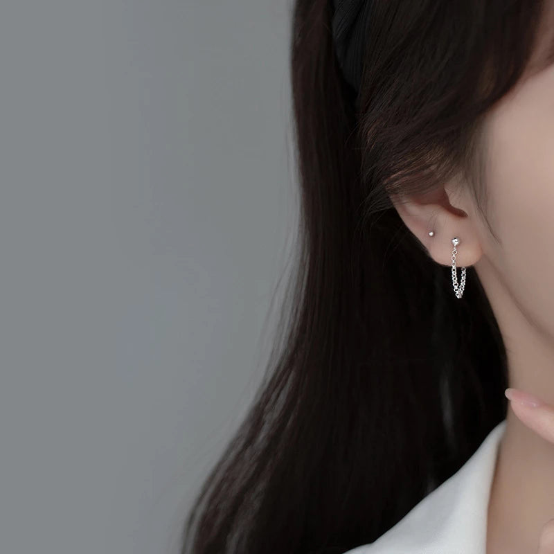 ANYCO Fashion Earrings Silver 925 Sterling Gothic Cuban Link Chain Hanging Stud for Women Piercing Jewelry