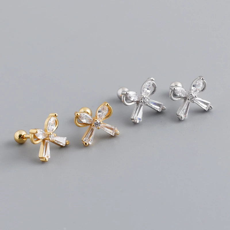 ANYCO Earrings Sterling Silver European Romantic Bow Zirconia Spiral Bead Stud For Women Teen Fashion Stylish Accessories Jewelry Gifts
