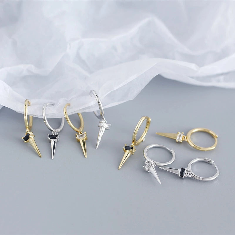 ANYCO Earrings Gold Plated Pave Square White Zircon Long Spike Rivet Hanging Stud For Women Girl Teen Fashion Stylish Accessories Jewelry Gifts