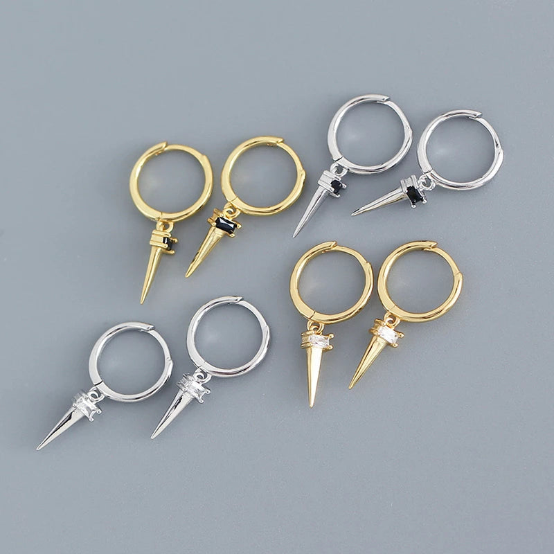 ANYCO Earrings Gold Plated Pave Square Black Zircon Long Spike Rivet Hanging Stud For Women Girl Teen Fashion Stylish Accessories Jewelry Gifts