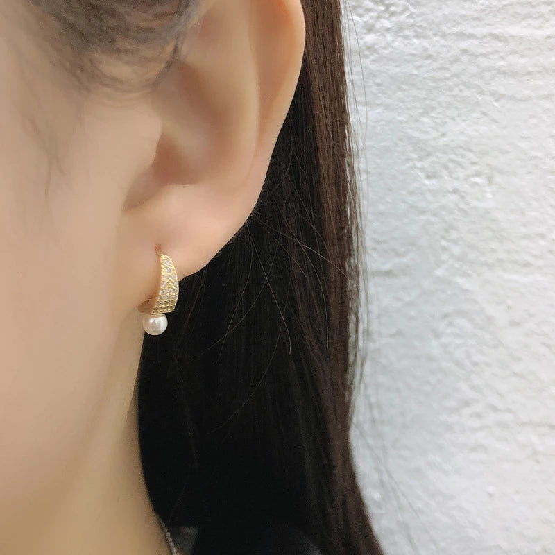 ANYCO Earrings Gold Plated Punk Luxury Pave Crystal Zircon Pearl Ear Buckle For Women Girl Teen Fashion Stylish Accessories Jewelry Gifts