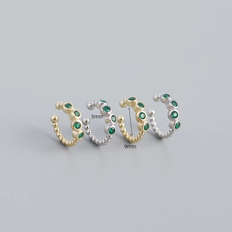 ANYCO Earrings Sterling Silver Unique Non Pierced Micro Pave Green Zircon Small For Women Girl Fashion Stylish Rock Punk Accessories Jewelry Gifts