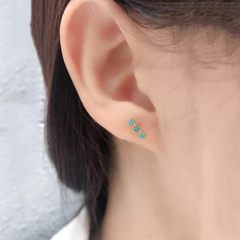 ANYCO Earrings Gold Plated Blue Turquoise Zircon Strip Geometric Bar Stud For Women Girl Teen Perfect Fashion Stylish Accessories Jewelry Gifts