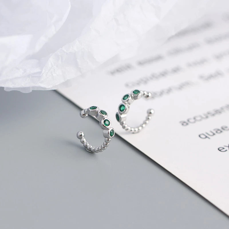 ANYCO Earrings Sterling Silver Unique Non Pierced Micro Pave Green Zircon Small For Women Girl Fashion Stylish Rock Punk Accessories Jewelry Gifts