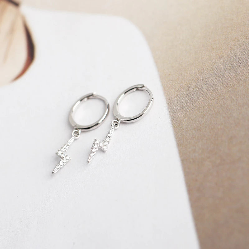 ANYCO Earrings Buckle Punk Lightning Piercing White Zircon Charms Goth Hoop For Women Party Jewelry Silver