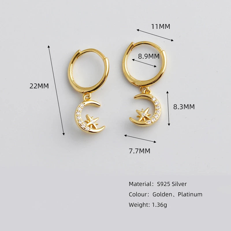 ANYCO Earrings Sterling Silver Creative Pave Zircon Star Moon Pendant Ear For Women Girl Teen Chic Fashion Stylish Accessories Jewelry Gifts