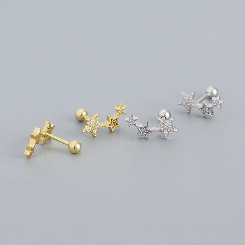 ANYCO Earrings Sterling Silver Screw Beads Chic Gold Star Zircon Stud For Women Girl Teen Fashion Stylish Accessories Jewelry Gifts