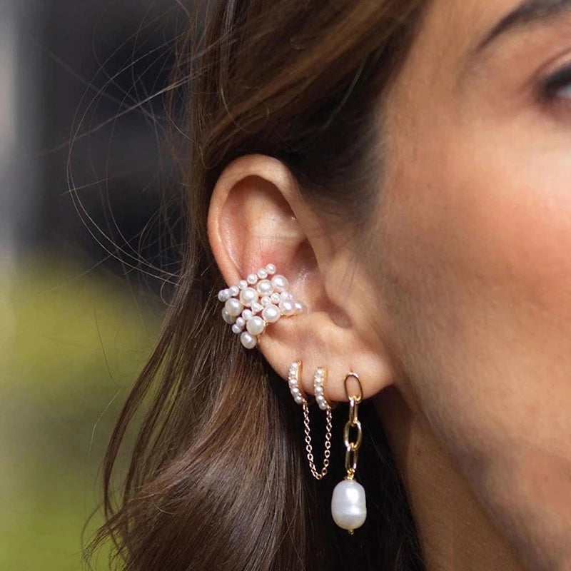 ANYCO Earrings Gold Plated Pave Pearl Cuban Link Chain Tassel Stud For Women Girl Teen Perfect Fashion Stylish Accessories Jewelry Gifts