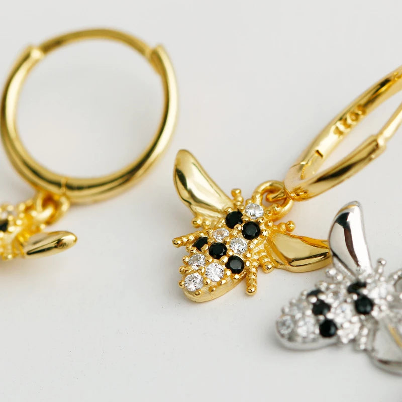 ANYCO Earrings Gold Plated Punk Black Zircon 3D Bee Pendant Ear Buckle For Women Girl Teen Chic Fashion Stylish Accessories Jewelry Gifts