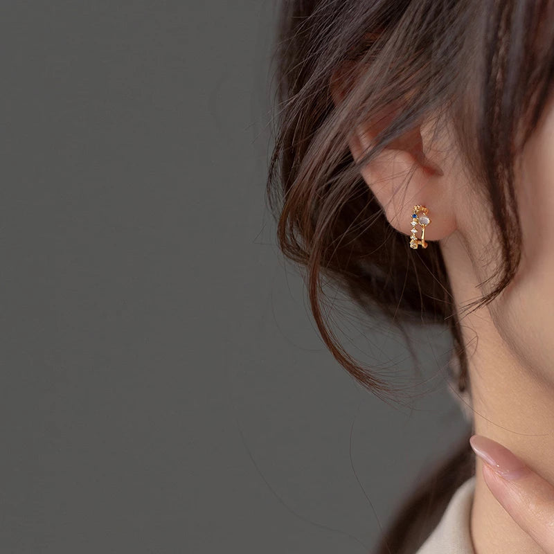 ANYCO Fashion Earrings Gold 925 Sterling Silver Elegant Double Glass Beads Geometric Stud for Women Jewelry