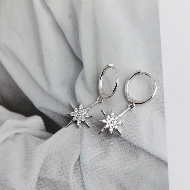 ANYCO Earrings Sterling Silver Luxury Crystal Zircon Shining Light Star Stud For Women Girl Teen Chic Fashion Stylish Accessories Jewelry Gifts