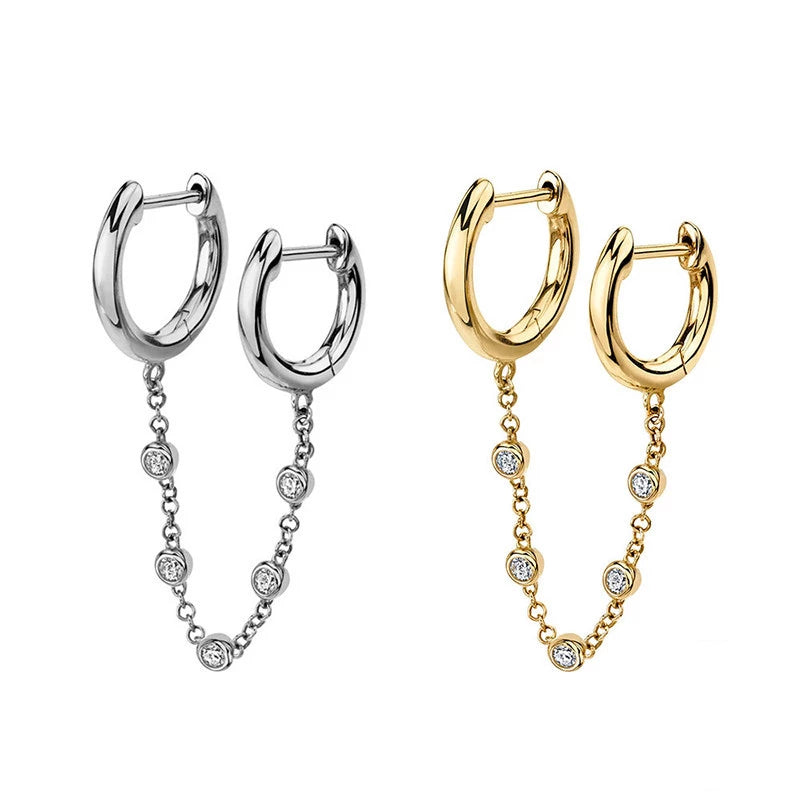 ANYCO Earrings Gold Plated Trendy Pave Round Zircon Cuban Link Chain Tassel Ear Buckle For Women Girl Fashion Stylish Accessories Jewelry Gifts