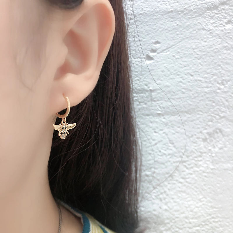 ANYCO Earrings Gold Plated Punk Black Zircon 3D Bee Pendant Ear Buckle For Women Girl Teen Chic Fashion Stylish Accessories Jewelry Gifts