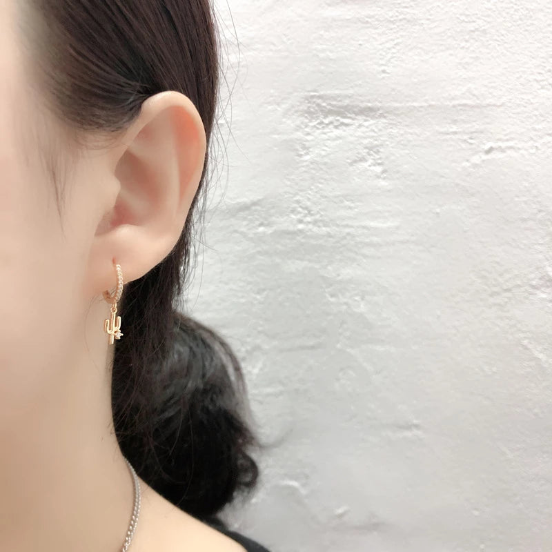 ANYCO Earrings Gold Plated Luxury Pave Round Cactus Hanging Stud For Women Girl Teen Elegant Fashion Stylish Accessories Jewelry Gifts