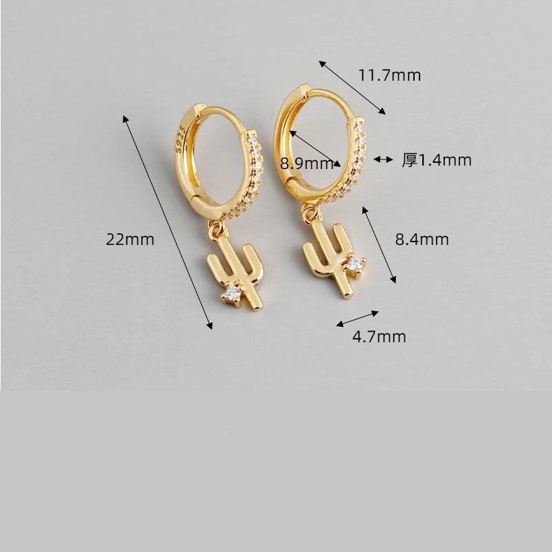 ANYCO Earrings Gold Plated Luxury Pave Round Cactus Hanging Stud For Women Girl Teen Elegant Fashion Stylish Accessories Jewelry Gifts