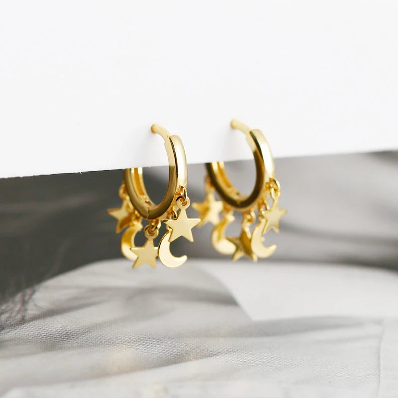ANYCO Earrings Gold Plated Creative Bohemian Star Moon Tassel Stud  For Women Girl Fashion Stylish Rock Punk Accessories Jewelry Gifts