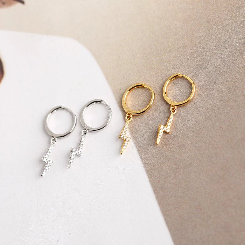 ANYCO Earrings Buckle Punk Lightning Pierce White Zircon Charms Goth Hoop For Women Party Jewelry Gold