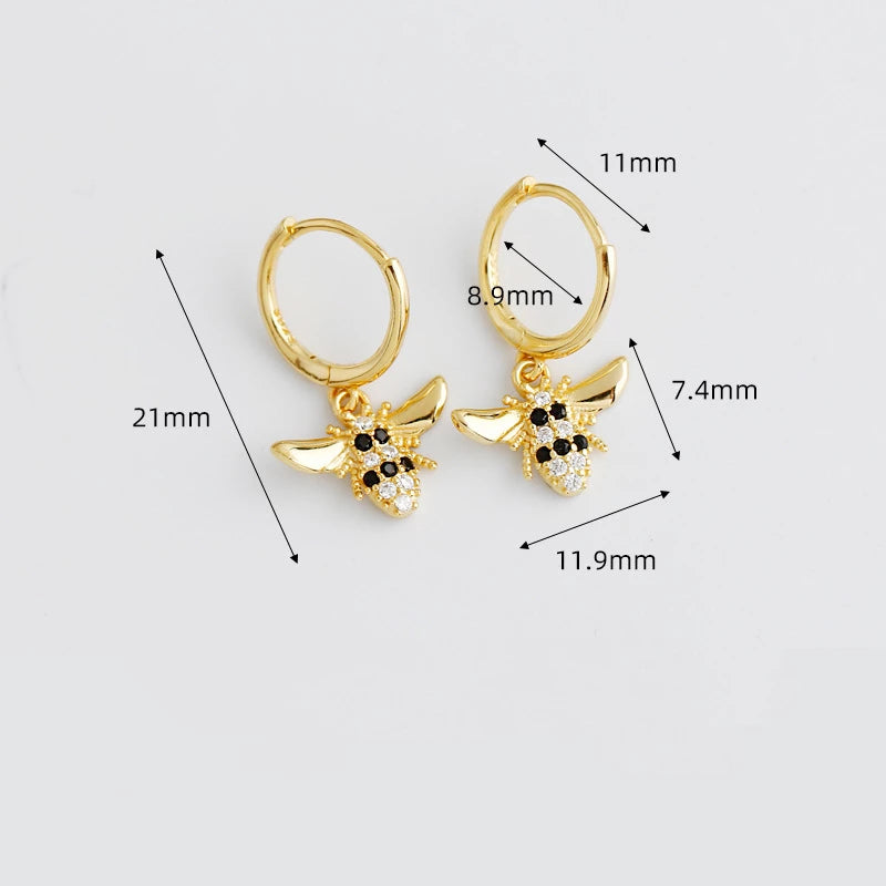 ANYCO Earrings Gold Plated Punk Black Zircon 3D Bee Pendant Ear Buckle For Women Girl Teen Chic Fashion Stylish Accessories Jewelry Gifts